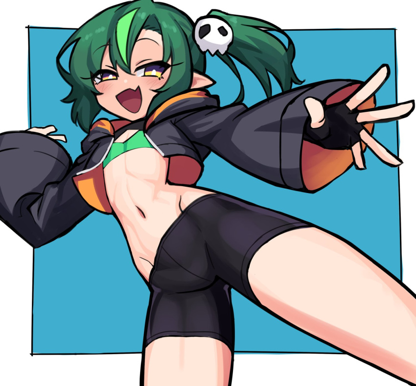 1girl :d bike_shorts black_gloves black_jacket black_shorts blue_background blush brown_eyes commentary copyright_request cropped_jacket fang fingerless_gloves flat_chest gloves green_hair groin hair_between_eyes hair_ornament highres hood hood_down hooded_jacket jacket long_sleeves navel nirato_shungiku pointy_ears shorts side_ponytail skull_hair_ornament smile solo two-tone_background white_background wide_sleeves