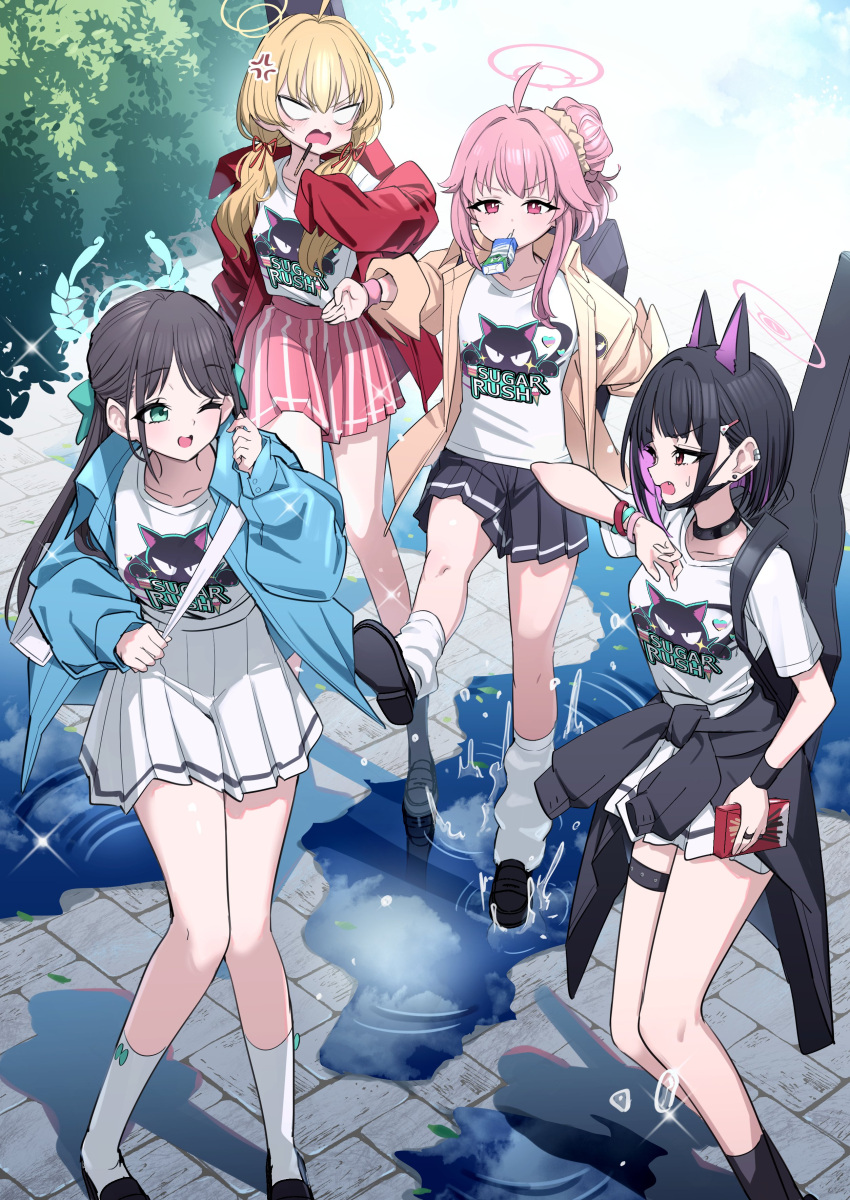 4girls absurdres after-school_sweets_club_(blue_archive) airi_(band)_(blue_archive) airi_(blue_archive) anger_vein animal_ears aqua_bow aqua_eyes asymmetrical_sidelocks black_choker black_footwear black_hair black_jacket black_skirt black_socks blonde_hair blue_archive blue_jacket bow bow_legwear cat_ears choker clothes_around_waist commentary_request full_body hair_bow hair_bun highres jacket jacket_around_waist kazusa_(band)_(blue_archive) kazusa_(blue_archive) kneehighs long_hair long_sleeves looking_at_another low_twintails mouth_hold multicolored_hair multiple_girls natsu_(band)_(blue_archive) natsu_(blue_archive) no_pupils official_alternate_costume official_alternate_hairstyle open_clothes open_jacket open_mouth outdoors pink_hair pink_skirt pizzasi red_eyes red_jacket shirt short_hair single_hair_bun skirt socks standing sweat thigh_strap twintails two-tone_hair white_shirt white_skirt white_socks yoshimi_(band)_(blue_archive) yoshimi_(blue_archive)