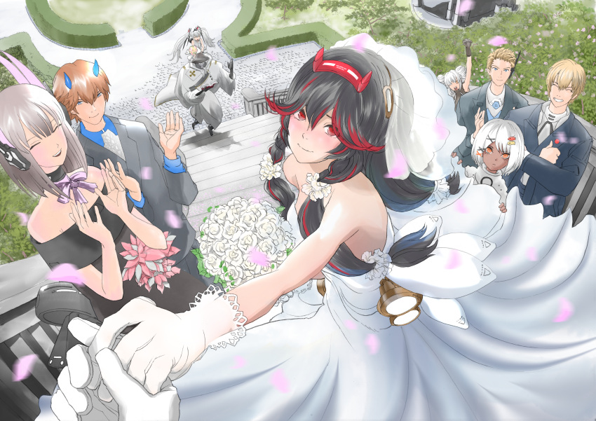 5boys 5girls absurdres bare_shoulders black_choker black_dress black_gloves black_hair black_suit blue_eyes blue_horns blue_shirt blush bodysuit book bouquet bow bowtie braid bridal_veil brown_hair character_request choker clapping closed_eyes collared_shirt commandant_(punishing:_gray_raven) crossed_arms dark-skinned_female dark_skin dress drill_hair fake_horns floating_hair_ornament gabriel_(punishing:_gray_raven) gloves grey_bodysuit grey_hair grey_robe hair_between_eyes hair_ornament headphones highres holding holding_book holding_bouquet holding_clothes holding_dress holding_hands horns humanoid_robot karenina:_ember_(punishing:_gray_raven) karenina_(punishing:_gray_raven) lee:_palefire_(punishing:_gray_raven) lee_(punishing:_gray_raven) liv_(punishing:_gray_raven) looking_at_viewer lucia:_lotus_(punishing:_gray_raven) lucia_(punishing:_gray_raven) luna:_laurel_(punishing:_gray_raven) luna_(punishing:_gray_raven) multiple_boys multiple_girls orange_eyes priest punishing:_gray_raven purple_bow purple_bowtie red_eyes red_hair red_horns robe robot shirt side_braid sidelocks siscon sophia_(punishing:_gray_raven) straight_hair suit twin_drills twintails veil wedding wedding_dress white_dress white_hair x_hair_ornament