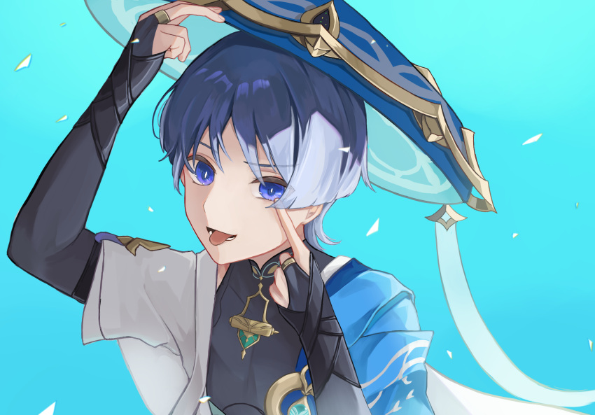 1boy akanbe aqua_background bishounen black_shirt blue_eyes blue_hair blue_hat bridal_gauntlets bright_pupils eyelid_pull genshin_impact gold_trim hat highres japanese_clothes jingasa looking_at_viewer mandarin_collar mokankan open_clothes raised_eyebrow scaramouche_(genshin_impact) shirt short_hair simple_background sleeveless sleeveless_shirt tongue tongue_out upper_body wanderer_(genshin_impact) white_pupils wispy_bangs