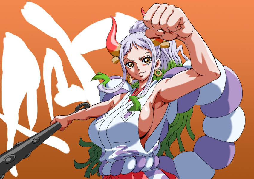 1girl breasts character_name clenched_hand club_(weapon) commentary_request cowboy_shot earrings gakisige green_hair hair_ornament hakama highres holding holding_weapon horns japanese_clothes jewelry kanabou kimono looking_at_viewer multicolored_hair one_piece orange_background outstretched_arms ponytail red_hakama rope shimenawa sideboob sidelocks sleeveless sleeveless_kimono smile solo two-tone_hair upper_body v-shaped_eyebrows weapon white_hair white_kimono yamato_(one_piece)