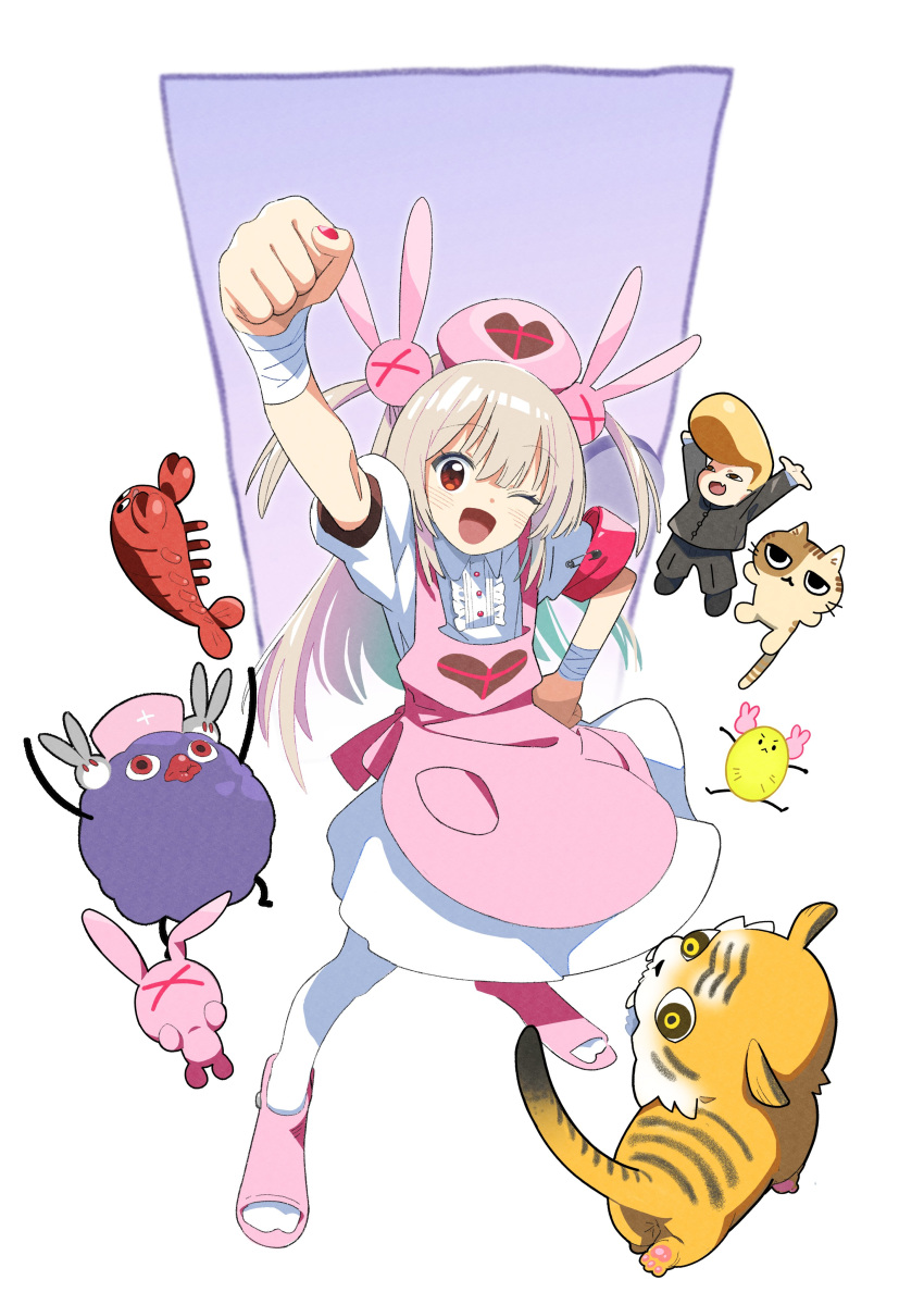 1boy 1girl absurdres apron arm_up armband bandaged_wrist bandages blonde_hair cat collared_dress creature delinquent dress foreshortening full_body hair_ornament hand_on_own_hip hat highres kintamawaru lobster long_hair natori_sana nurse_cap one_eye_closed open_mouth pantyhose pink_apron pink_hat pompadour puffy_short_sleeves puffy_sleeves purple_background rabbit rabbit_hair_ornament raised_fist red_armband red_eyes safety_pin sana_channel short_dress short_sleeves slippers smile standing surrounded tiger two-tone_background two_side_up virtual_youtuber white_background white_dress white_pantyhose