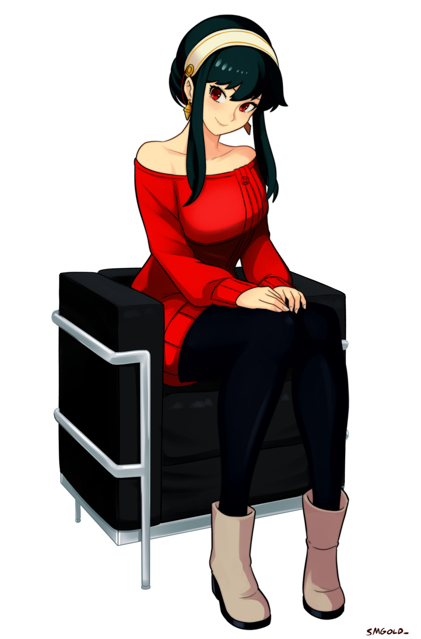 1girl bare_shoulders black_hair black_pantyhose boots dress grey_footwear hairband highres long_hair long_sleeves looking_at_viewer off-shoulder_dress off-shoulder_sweater off_shoulder pantyhose red_dress red_eyes red_sweater sidelocks simple_background sitting smgold smile solo spy_x_family sweater sweater_dress white_background white_hairband yor_briar