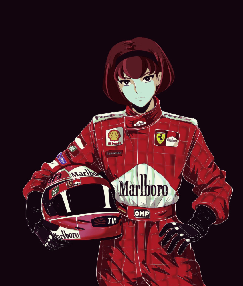 1girl alternate_costume black_background black_gloves closed_mouth cowboy_shot english_commentary epaulettes fedex ferrari german_flag gloves hairband hand_on_own_hip helmet highres holding holding_helmet logo looking_at_viewer marlboro medium_hair megadeus_mommy r_dorothy_wayneright racing_suit red_hair red_helmet simple_background solo standing the_big_o