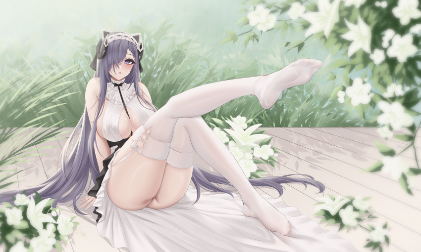 1girl absurdres alternate_costume animal_ears ass august_von_parseval_(azur_lane) august_von_parseval_(the_conquered_unhulde)_(azur_lane) azur_lane bare_shoulders blush breasts center_opening cleavage clothes_lift clothes_pull clothing_cutout curled_horns dress feet flower garter_straps hair_over_one_eye headdress headwear_request highres horns ichikushi_mojibake large_breasts leg_up lingerie long_hair looking_at_viewer maid mechanical_horns no_bra no_panties no_shoes official_alternate_costume one_eye_covered purple_eyes purple_hair pussy sitting skirt skirt_lift skirt_pull sleeveless sleeveless_dress soles solo thighhighs thighs toes two-tone_dress underwear very_long_hair white_dress white_thighhighs