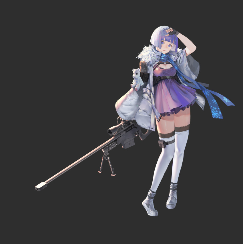 1girl absurdres arm_up breasts dress dsk_artwork fingerless_gloves full_body fur_trim gloves gun highres holding holding_gun holding_weapon original purple_eyes purple_hair rifle shoes short_hair simple_background sniper_rifle solo stuffed_animal stuffed_toy teddy_bear thighhighs weapon white_thighhighs