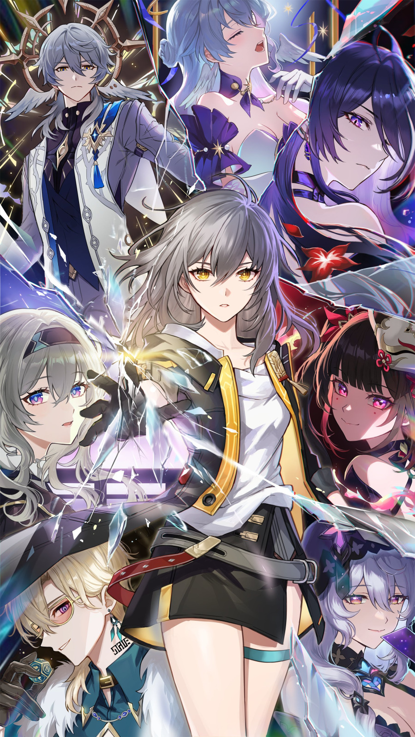 2boys 6+girls absurdres acheron_(honkai:_star_rail) aventurine_(honkai:_star_rail) bare_shoulders black_hairband black_jacket black_swan_(honkai:_star_rail) blonde_hair breasts broken_glass card cleavage closed_mouth cowboy_shot firefly_(honkai:_star_rail) fox_mask fractalmagnolia fur-trimmed_jacket fur_trim glass grey_hair hairband head_wings highres honkai:_star_rail honkai_(series) jacket long_hair looking_at_viewer mask medium_breasts medium_hair multiple_boys multiple_girls open_mouth pink_eyes portrait purple_eyes purple_hair purple_veil robin_(honkai:_star_rail) shirt smile sparkle_(honkai:_star_rail) stelle_(honkai:_star_rail) sunday_(honkai:_star_rail) sunglasses thigh_strap trailblazer_(honkai:_star_rail) white_hair white_shirt wings yellow_eyes