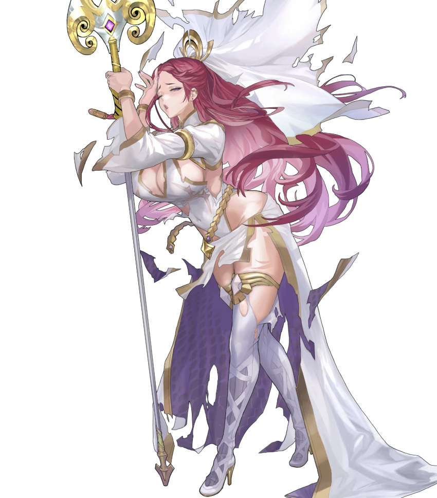 1girl bracelet braid breasts cleavage damaged dress fire_emblem fire_emblem_heroes gold_trim high_heels highres huge_breasts jewelry lips loki_(fire_emblem) loki_(trickster_god)_(fire_emblem) long_hair looking_at_viewer maeshima_shigeki nail_polish non-web_source official_alternate_costume official_art one_eye_closed pelvic_curtain purple_eyes purple_hair sideboob single_braid solo staff thighhighs torn_clothes waist_cape white_dress white_footwear white_thighhighs wide_hips