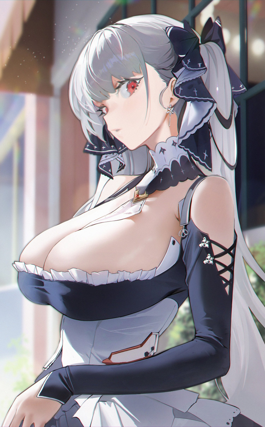 1girl 504_gateway absurdres azur_lane bare_shoulders between_breasts black_dress blurry blurry_background breasts cleavage cross-laced_clothes detached_collar dress earrings formidable_(azur_lane) frilled_dress frills from_side grey_hair hair_ribbon highres jewelry large_breasts long_hair long_sleeves looking_at_viewer low_neckline maid necktie necktie_between_breasts outdoors parted_lips red_eyes ribbon road sideways_glance solo street twintails two-tone_ribbon upper_body very_long_hair