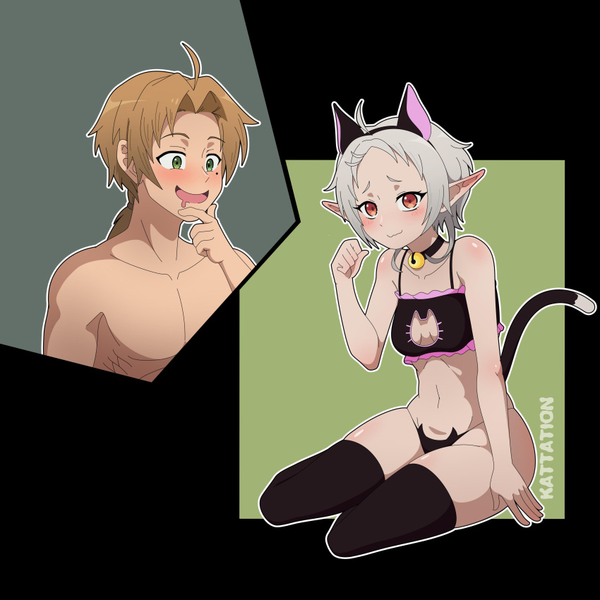 1boy 1girl absurdres animal_ears bell black_choker black_thighhighs breasts cat_ears cat_lingerie cat_tail choker elf fake_animal_ears grey_hair highres kattation light_brown_hair meme_attire mushoku_tensei neck_bell pointy_ears rudeus_greyrat small_breasts sylphiette_(mushoku_tensei) tail thighhighs