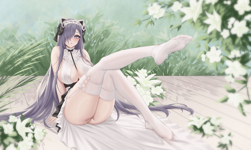 1girl absurdres alternate_costume animal_ears ass august_von_parseval_(azur_lane) august_von_parseval_(the_conquered_unhulde)_(azur_lane) azur_lane bare_shoulders black_hair blush breasts center_opening cleavage clothes_lift clothes_pull clothing_cutout curled_horns dress feet flower garter_belt grass hair_ornament hair_over_one_eye headdress headwear_request highres horns ichikushi_mojibake large_breasts leg_up lingerie long_hair looking_at_viewer mechanical_horns no_bra no_panties no_shoes official_alternate_costume one_eye_covered plant purple_eyes purple_hair pussy sitting skirt skirt_lift skirt_pull sleeveless sleeveless_dress soles solo thighhighs thighs toes two-tone_dress underwear very_long_hair white_dress white_flower white_thighhighs