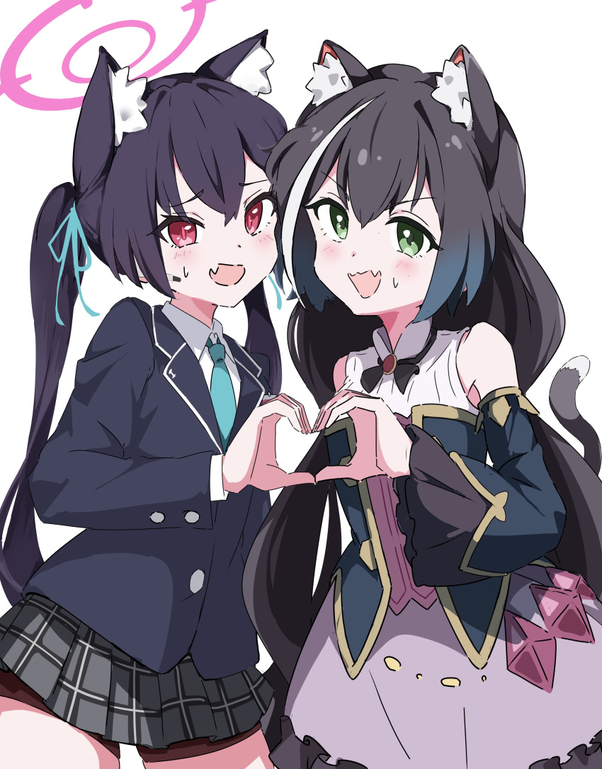 2girls absurdres animal_ear_fluff animal_ears aqua_necktie black_hair blazer blue_archive blue_jacket cat_ears cat_girl cat_tail collared_shirt commission crossover detached_sleeves dress dress_shirt fang green_eyes grey_skirt halo heart heart_hands highres jacket karyl_(princess_connect!) long_hair looking_at_viewer multicolored_hair multiple_girls necktie plaid plaid_skirt pleated_skirt princess_connect! purple_dress red_eyes red_halo serika_(blue_archive) shirt skeb_commission skin_fang skirt streaked_hair tail tail_raised trait_connection twintails white_gorilla_(okamoto) white_hair white_shirt