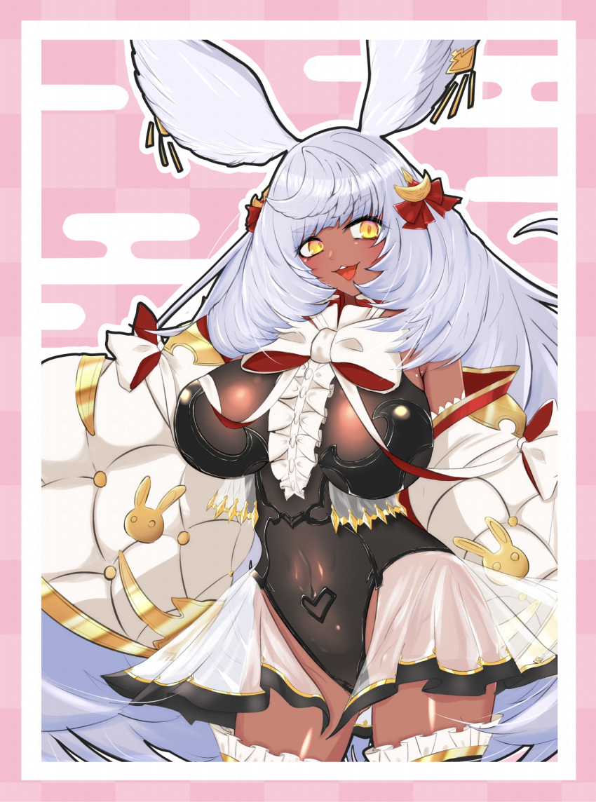 1girl absurdres animal_ears bow breasts center_frills collar dark-skinned_female dark_skin earrings erune frilled_collar frilled_thighhighs frills granblue_fantasy hair_ornament highres jewelry large_breasts leotard long_hair makura_(granblue_fantasy) off_shoulder open_mouth rabbit_ears rabbit_girl ribbon see-through shio_mikan smile solo thighhighs very_long_hair white_bow white_hair yellow_eyes