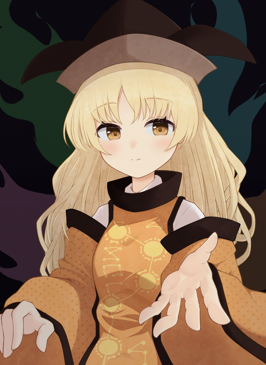 1girl absurdres aura black_hat blonde_hair brown_hat closed_mouth commentary_request detached_sleeves hat highres iyo_mamoru long_hair long_sleeves matara_okina offering_hand orange_sleeves orange_tabard pointy_hat sitting smile solo tabard touhou wide_sleeves yellow_eyes