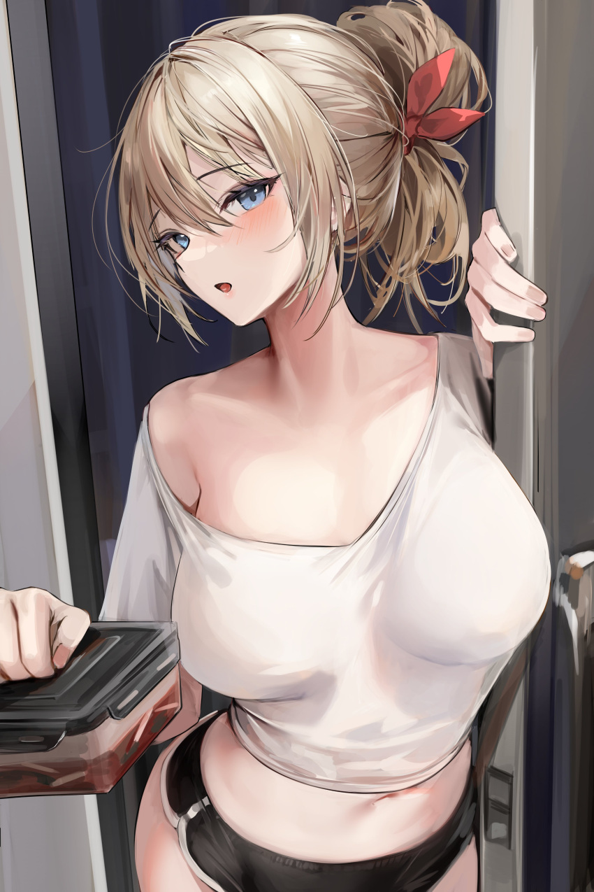 1girl absurdres black_shorts blonde_hair blue_eyes blush breasts collarbone commentary crop_top dolphin_shorts door doorway english_commentary hair_bun hair_ornament highres holding large_breasts lillly lillly_(character) looking_at_viewer midriff navel open_mouth original pov_doorway shirt short_shorts shorts sidelocks single_bare_shoulder single_hair_bun solo white_shirt