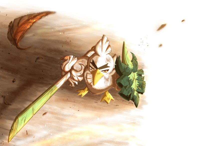 animal_focus bird bright_pupils brown_eyes closed_mouth dirty falling_leaves fighting_stance food holding holding_food holding_vegetable leaf no_humans pokemon pokemon_(creature) shuri_(syurigame) sirfetch'd solo spring_onion standing vegetable white_background white_pupils
