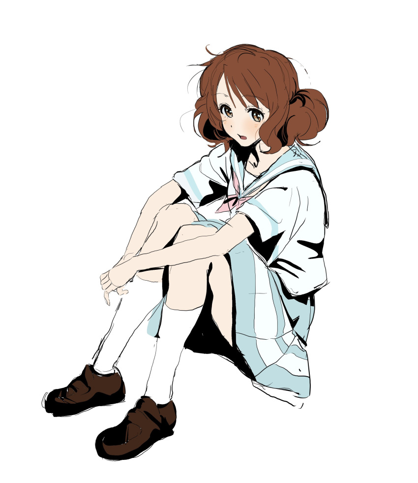 1girl absurdres blue_sailor_collar blue_skirt brown_eyes brown_footwear brown_hair collarbone full_body hibike!_euphonium highres kitauji_high_school_uniform loafers maiko_(machael89642677) neckerchief open_mouth oumae_kumiko own_hands_together pleated_skirt red_neckerchief sailor_collar school_uniform serafuku shirt shoes simple_background sitting skirt socks solo summer_uniform white_background white_shirt white_socks