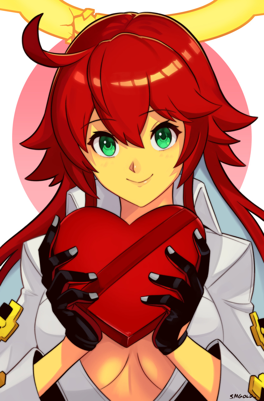 1girl absurdres ankh_necklace artist_name belt black_gloves bodysuit box breasts broken_halo cleavage colored_inner_hair front_slit gift gloves green_eyes guilty_gear guilty_gear_strive hair_between_eyes halo happy_valentine heart heart-shaped_box highres holding holding_gift jack-o'_valentine large_breasts long_hair multicolored_hair red_hair smgold solo spiked_halo too_many too_many_belts valentine very_long_hair white_bodysuit white_hair
