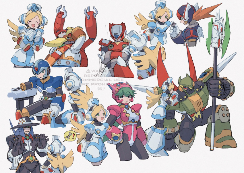 armor axe axl_(mega_man) black_armor black_bodysuit black_hat black_suit blonde_hair blue_armor blue_hair blush_stickers bodysuit brown_hair chest_jewel closed_eyes crossed_arms energy_blade fedora forehead_jewel green_armor green_eyes green_hair green_helmet hat head_tilt highres holding holding_axe leotard long_hair looking_at_another marino_(mega_man) mega_man_(series) mega_man_x:_command_mission mega_man_x_(series) new_armor_x_(mega_man) ninja nurse nurse_cap on_one_knee pink_helmet pink_leotard ponytail professor_gaudille red_armor shoulder_armor sleeping spider_(mega_man) spiked_hair steel_massimo_(mega_man) suit tanaka_(is2_p) watermark whispering x_(mega_man) zero_(mega_man)