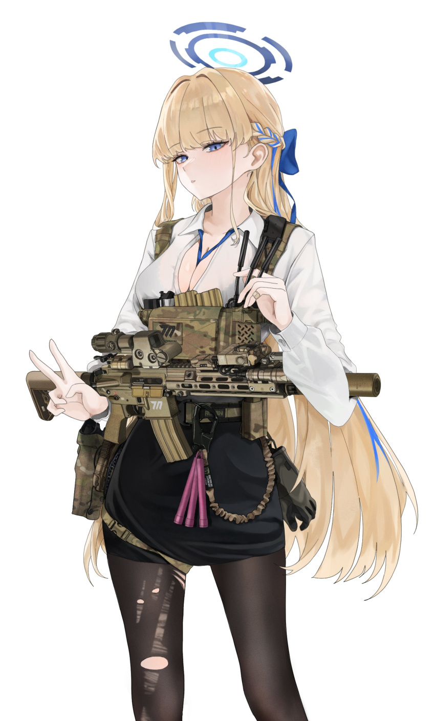 absurdres assault_rifle blonde_hair blue_archive blue_eyes breasts chest_rig cleavage cowboy_shot eotech expressionless fte_(fifteen_199) gun h&amp;k_hk416 halo handgun highres holster holstered load_bearing_vest long_hair looking_at_viewer magazine_(weapon) medium_breasts multicolored_hair office_lady open_clothes open_shirt pantyhose pencil_skirt rifle skirt streaked_hair suppressor toki_(blue_archive) torn_clothes torn_pantyhose v very_long_hair weapon weapon_request