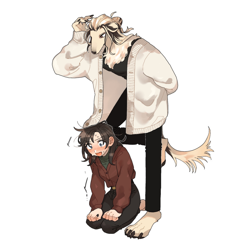 1boy 1girl animal_ears animal_feet black_pants black_shirt blonde_hair blue_eyes body_fur brown_eyes brown_fur brown_hair commentary_request dog_boy dog_ears dog_tail fingernails full_body furry furry_male green_shirt hair_bun hand_up hands_on_own_knees highres long_sleeves looking_at_another multicolored_hair open_mouth original pants rata_(norahasu) sharp_fingernails shirt simple_background sitting standing standing_on_one_leg streaked_hair sweat sweater tail wariza white_background