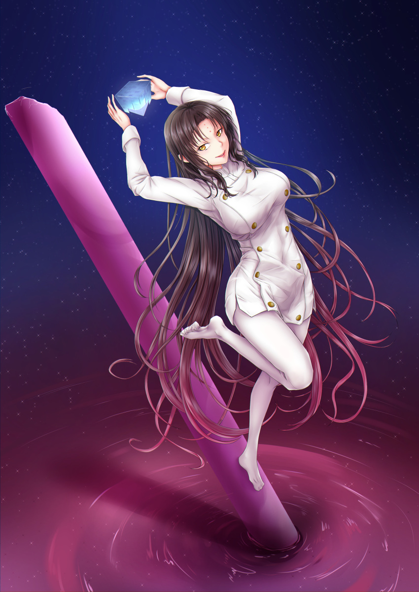 1girl absurdres arms_up black_hair breasts buttons cube double-breasted dress fate/extra fate/extra_ccc fate/grand_order fate_(series) forehead_tattoo full_body gradient_hair grin highres large_breasts leg_up long_hair long_sleeves multicolored_hair no_shoes pantyhose parted_bangs pink_hair pink_lips sessyoin_kiara shoukaze_(syoubu0615) sleeve_cuffs smile solo star_(symbol) very_long_hair water white_dress white_pantyhose yellow_eyes
