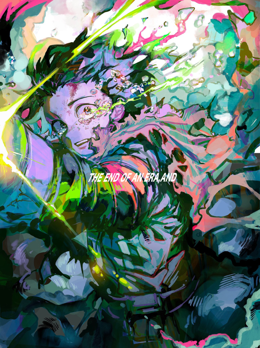 1boy black_eyes black_hair blood blood_on_face boku_no_hero_academia cape crying crying_with_eyes_open english_text green_shirt highres injury lightning male_focus midoriya_izuku multicolored_background open_mouth orokudesu red_cape shirt short_hair solo tears teeth torn_cape torn_clothes upper_teeth_only