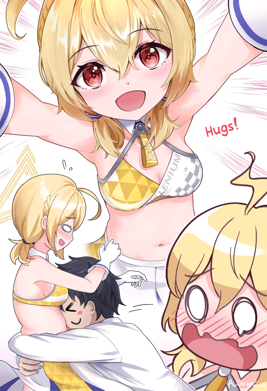 &gt;_&lt; 1boy 1girl :d absurdres armpits arms_up aviary black_hair blonde_hair blue_archive blush braid breasts c: character_name cheerleader cleavage collared_shirt commentary criss-cross_halter crying crying_with_eyes_open detached_collar embarrassed english_commentary english_text gloves hair_between_eyes halo halterneck highres hug kotori_(blue_archive) kotori_(cheer_squad)_(blue_archive) large_breasts looking_at_another looking_at_viewer low_twintails medium_hair millennium_cheerleader_outfit_(blue_archive) navel official_alternate_costume official_alternate_hairstyle pleated_skirt plump red_eyes sensei_(blue_archive) shirt sidelocks simple_background single_braid skirt smile stomach tears twintails wavy_mouth white_background white_gloves white_shirt