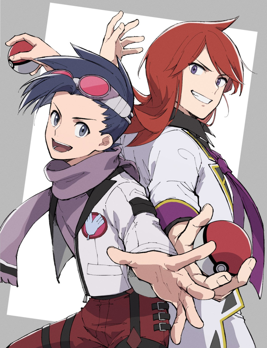 2boys :d alternate_costume black_hair black_shirt collared_shirt commentary_request cowlick ethan_(pokemon) ethan_(sygna_suit)_(pokemon) goggles grey_eyes grin highres holding holding_poke_ball jacket long_hair looking_at_viewer male_focus mocollie multiple_boys necktie open_mouth pants poke_ball poke_ball_(basic) pokemon pokemon_masters_ex purple_necktie red_hair red_pants scarf shirt short_hair silver_(champion)_(pokemon) silver_(pokemon) smile teeth tongue white_jacket