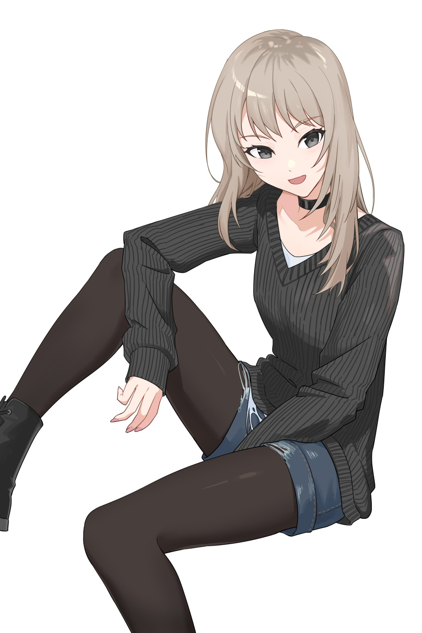 1girl absurdres black_choker black_eyes black_footwear black_pantyhose black_sweater blue_shorts boots choker commentary_request denim denim_shorts feet_out_of_frame fingernails girls_band_cry highres invisible_chair kawaragi_momoka knee_up light_brown_hair long_fingernails long_hair long_sleeves looking_at_viewer nail_polish open_mouth pantyhose pink_nails ribbed_sweater shorts simple_background sitting sleeves_past_wrists smile solo sweater v-neck white_background yaoyang_47