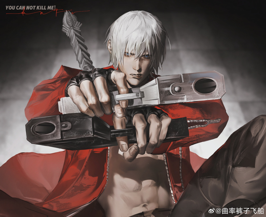 1boy abs absurdres aiming aiming_at_viewer belt_bra bishounen black_gloves blue_eyes coat dante_(devil_may_cry) devil_may_cry_(series) devil_may_cry_3 ebony_&amp;_ivory finger_on_trigger fingerless_gloves gloves gun hair_between_eyes handgun highres holding holding_gun holding_weapon looking_at_viewer male_focus muscular muscular_male pointing_gun pointing_weapon qvlv_kuzi_feichuan red_coat solo weapon white_hair