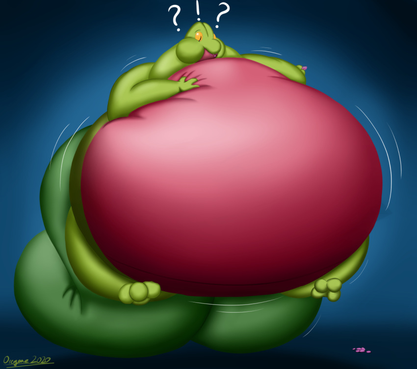 2020 air_inflation ambiguous_gender anthro belly belly_expansion belly_inflation belly_squish big_belly big_tail black_eyes blue_background body_inflation cheek_bulge colored digital_media_(artwork) eating exclamation_point expansion floating food generation_3_pokemon green_body green_tail hand_on_belly hand_on_own_belly holding_food holding_object huge_belly huge_cheeks huge_tail hyper hyper_belly hyper_tail inflation inflation_fetish motion_lines nintendo oregene pokemon pokemon_(species) puffed_cheeks question_mark red_belly shaded signature simple_background solo squish swelling tail tail_expansion thick_tail treecko yellow_sclera