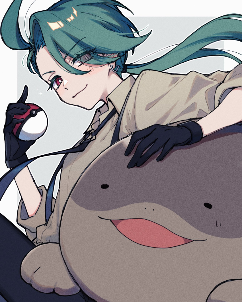 ahoge black_gloves black_pants blush clodsire closed_mouth collared_shirt ear_piercing gloves green_hair grey_shirt hair_between_eyes hair_over_one_eye highres holding holding_poke_ball long_hair looking_at_viewer nekojiri open_mouth pants piercing poke_ball poke_ball_(basic) pokemon pokemon_(creature) pokemon_sv ponytail red_eyes rika_(pokemon) shirt simple_background smile solo sparkle suspenders two-tone_background