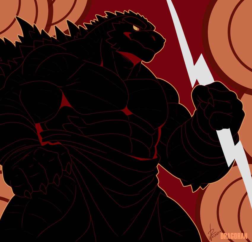 abs anthro big_muscles big_pecs claws clothing cloud drago_ran electricity godzilla godzilla_(series) hi_res kaiju lightning lightning_bolt male muscular muscular_anthro muscular_arms muscular_male muscular_thighs pecs red_eyes robe solo spikes spikes_(anatomy) toho