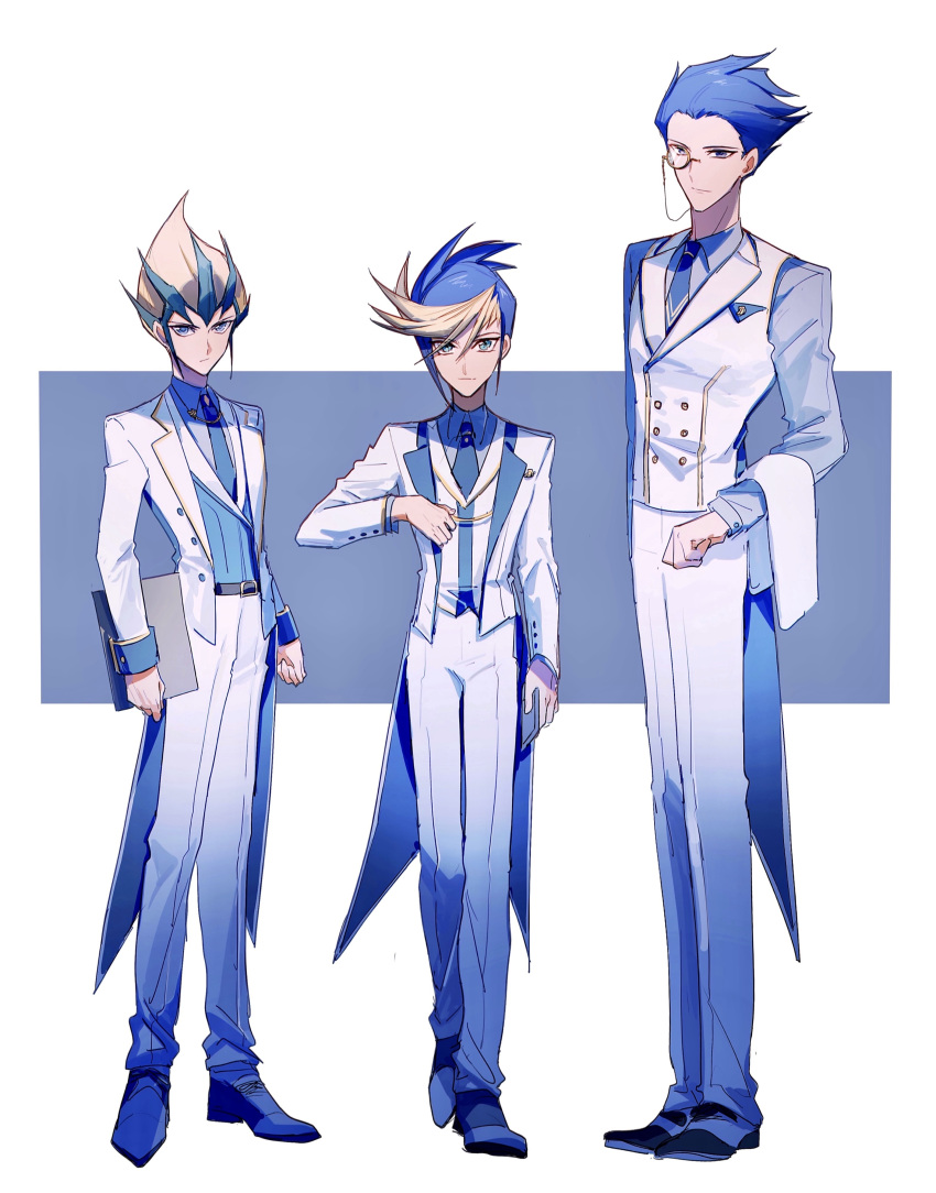 3boys absurdres alternate_costume antinomy bad_id bad_lofter_id belt black_belt blonde_hair blue_background blue_eyes blue_hair blue_necktie blue_shirt blue_theme blue_vest clenched_hands clipboard coat collared_shirt dress_shirt dress_shoes expressionless formal full_body hand_up highres holding holding_clipboard holding_towel in-franchise_crossover jacket light_smile long_sleeves looking_at_viewer male_focus multicolored_hair multiple_boys naoki_(2rzmcaizerails6) necktie open_clothes open_jacket pants shirt short_hair simple_background sleeve_cuffs spiked_hair standing tailcoat tenjou_kaito towel two-sided_coat two-sided_fabric two-sided_tailcoat vest walking white_coat white_pants white_towel white_vest yu-gi-oh! yu-gi-oh!_5d's yu-gi-oh!_arc-v yu-gi-oh!_zexal yuugo_(yu-gi-oh!)