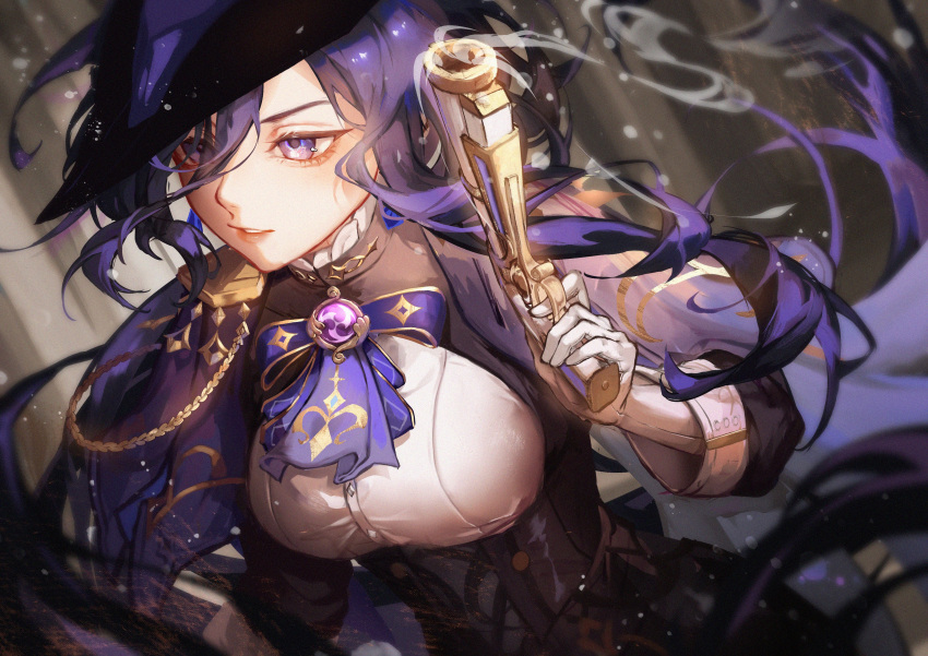 1girl absurdres ascot blue_ascot clorinde_(genshin_impact) commentary genshin_impact gun hat highres holding holding_gun holding_weapon long_hair pluvioseprince purple_ascot purple_eyes purple_hair shirt solo tricorne upper_body vision_(genshin_impact) weapon white_shirt