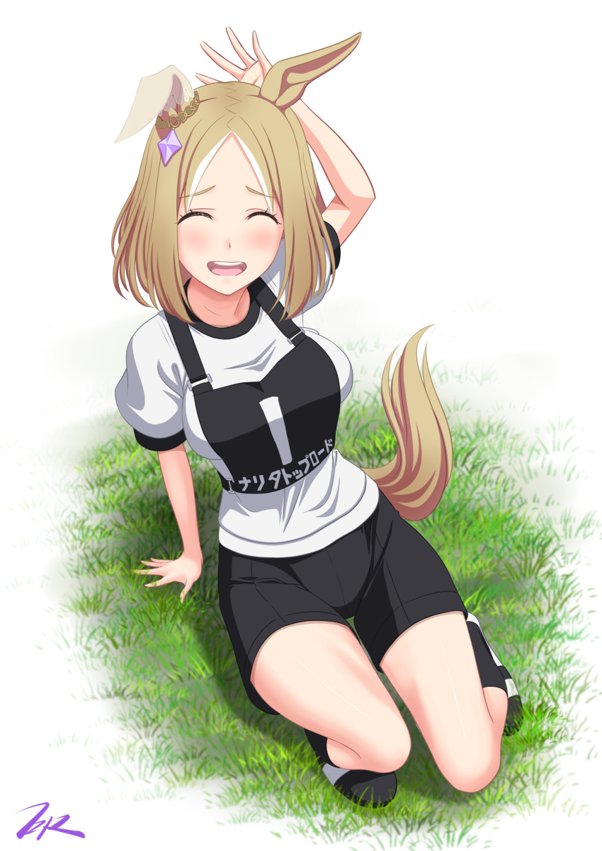 1girl black_shorts blonde_hair closed_eyes commentary_request foreshortening grass gym_shirt gym_uniform highres narita_top_road_(umamusume) parted_bangs race_bib shirt short_hair shorts solo t-shirt t2r translation_request umamusume white_shirt