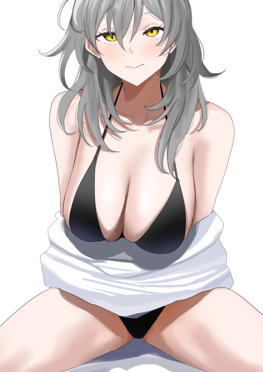 1girl alternate_breast_size bikini black_bikini blush breasts cleavage closed_mouth grey_hair hair_between_eyes highres honkai:_star_rail honkai_(series) looking_at_viewer medium_hair navel redi_(rasec_asdjh) simple_background stelle_(honkai:_star_rail) swimsuit trailblazer_(honkai:_star_rail) white_background yellow_eyes