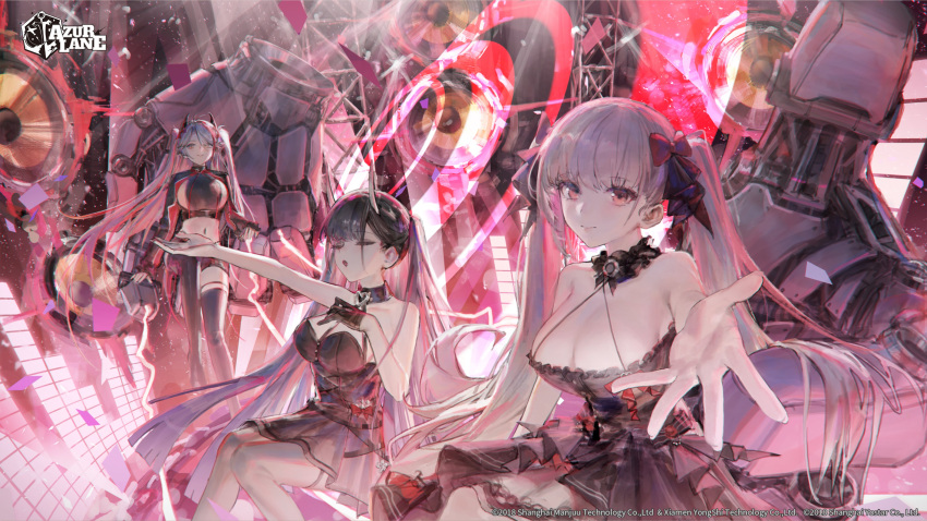 3girls absurdres azur_lane bare_shoulders breasts cleavage closed_mouth commentary company_connection company_name copyright_name dress formidable_(azur_lane) frills gloves hair_ornament halterneck hand_up highres horns large_breasts logo long_hair looking_at_viewer midriff multiple_girls navel noshiro_(azur_lane) official_art outstretched_hand prinz_eugen_(azur_lane) ribbon rsef short_dress sleeveless stomach twintails