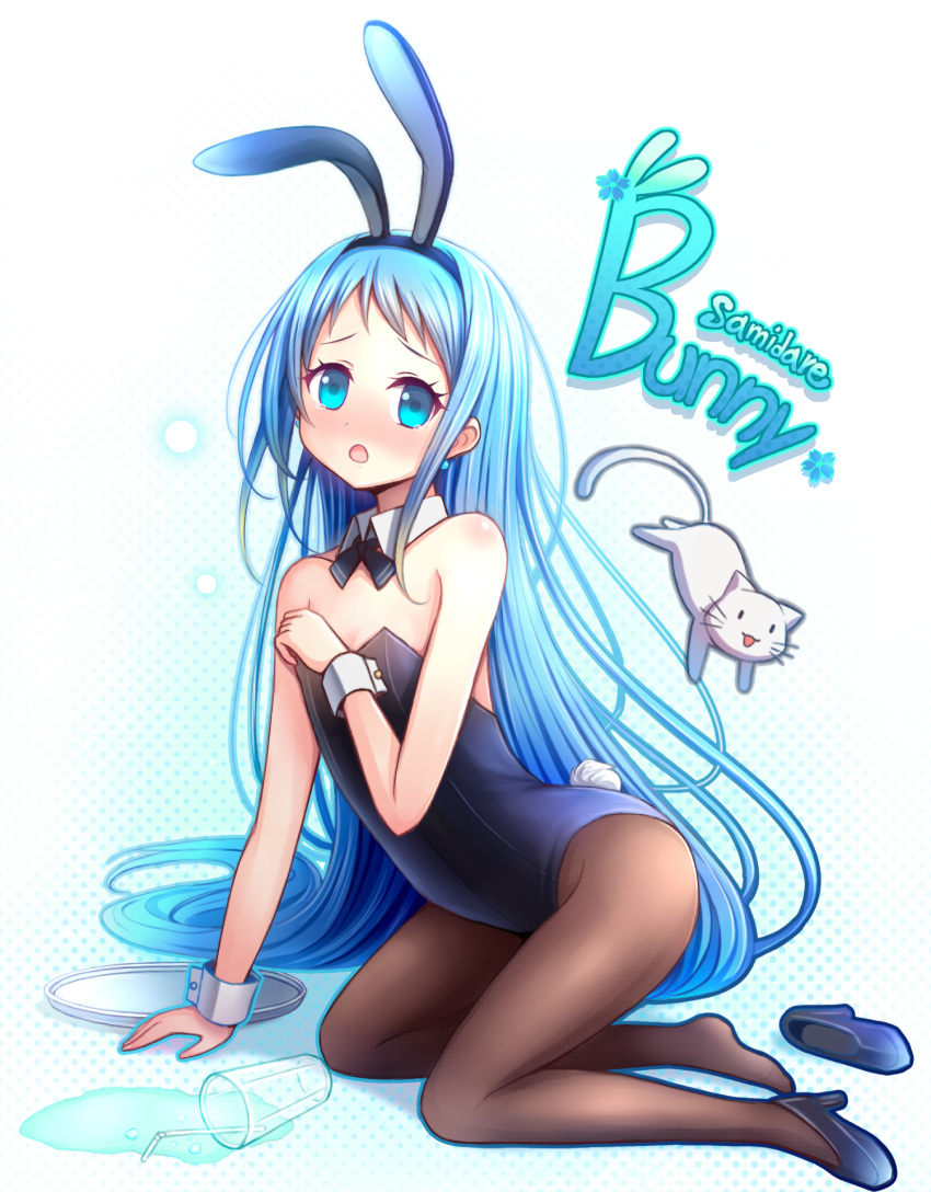 1girl akisame_rizu animal animal_ears arm_support batsubyou black_footwear black_leotard blue_background blue_eyes blue_hair bow bowtie brown_pantyhose cat commentary_request cup detached_collar drinking_glass fake_animal_ears flat_chest full_body glass highres kantai_collection kneeling leotard long_hair looking_at_viewer pantyhose playboy_bunny rabbit_ears rabbit_tail samidare_(kancolle) shoes single_shoe spill strapless strapless_leotard tail wrist_cuffs