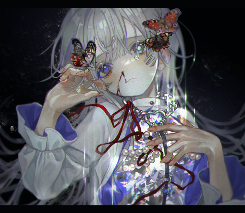 1girl bleeding blood blood_on_face blush bug butterfly chain_necklace dress expressionless gem grey_eyes hand_on_own_chest highres jewelry long_hair looking_at_viewer mismatched_pupils necklace nosebleed original pearl_(gemstone) red_ribbon ribbon solo tearing_up tears tunena_mi upper_body white_dress white_hair
