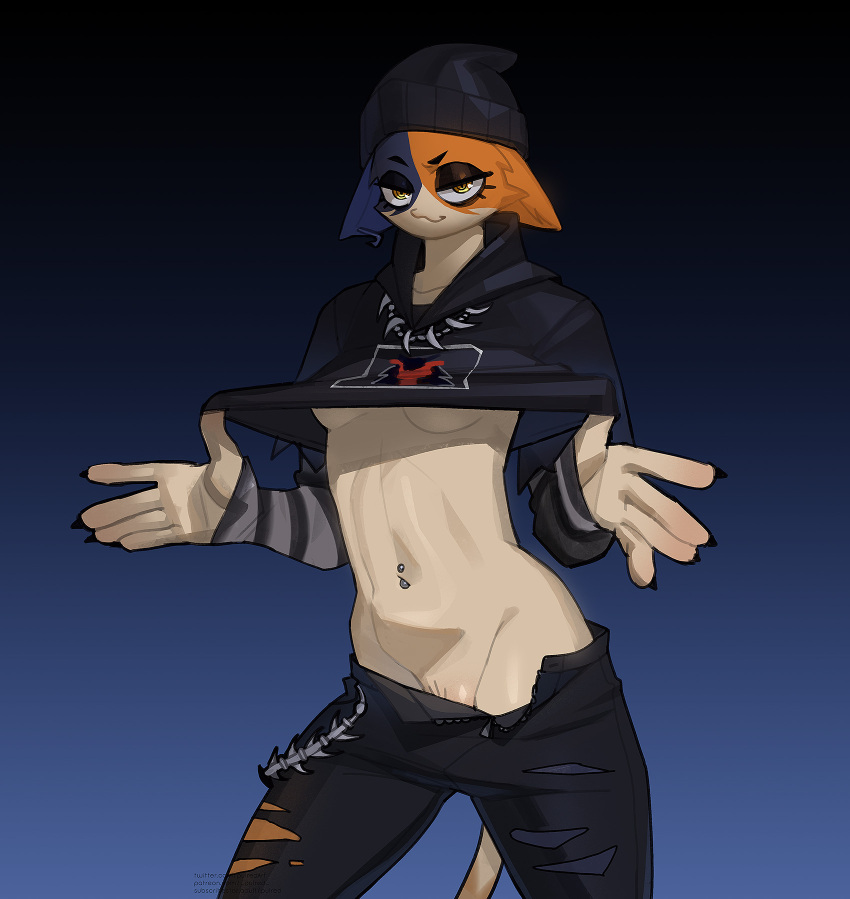 anthro biped blue_body blue_fur clothed clothing clothing_lift domestic_cat epic_games felid feline felis female fortnite fur hi_res mammal meow_skulls_(fortnite) navel orange_body orange_fur pulred shirt shirt_lift solo topwear