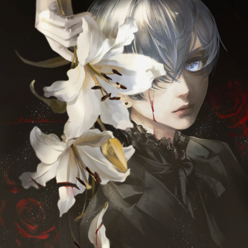 1boy bishounen black_background black_jacket black_ribbon blood blood_from_eyes blood_on_face blood_on_shoulder blue_eyes blue_hair ciel_phantomhive closed_mouth earrings eb016 expressionless flower frilled_shirt frills hair_over_one_eye highres jacket jewelry kuroshitsuji light_particles looking_at_viewer male_focus partially_shaded_face red_flower red_rose ribbon rose shirt short_hair solo torn_clothes torn_jacket victorian white_flower