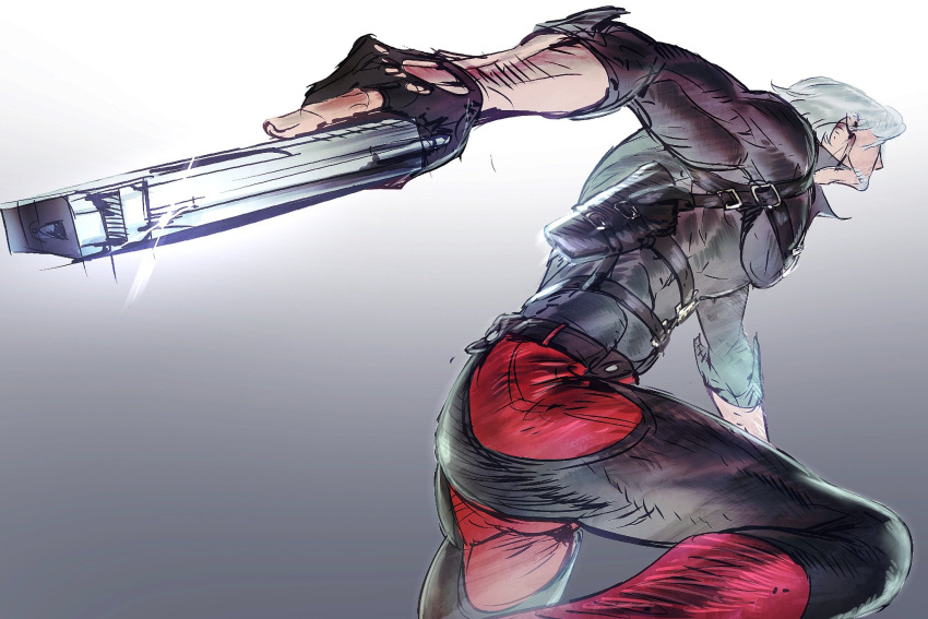 1boy backless_pants bara dante_(devil_may_cry) devil_may_cry_(series) devil_may_cry_4 ebony_&amp;_ivory facial_hair fighting_stance fingerless_gloves gloves gun highres holding holding_weapon male_focus mature_male muscular muscular_male pants simple_background solo weapon wenwen_0902 white_hair