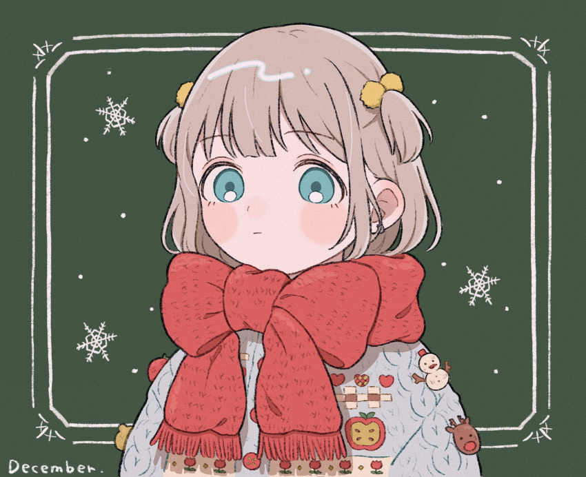 1girl bad_id bad_pixiv_id blush_stickers december grey_hair highres idolmaster idolmaster_shiny_colors looking_at_viewer pom_pom_(clothes) serizawa_asahi simple_background snowflake_print solo sorcery sweater two_side_up upper_body