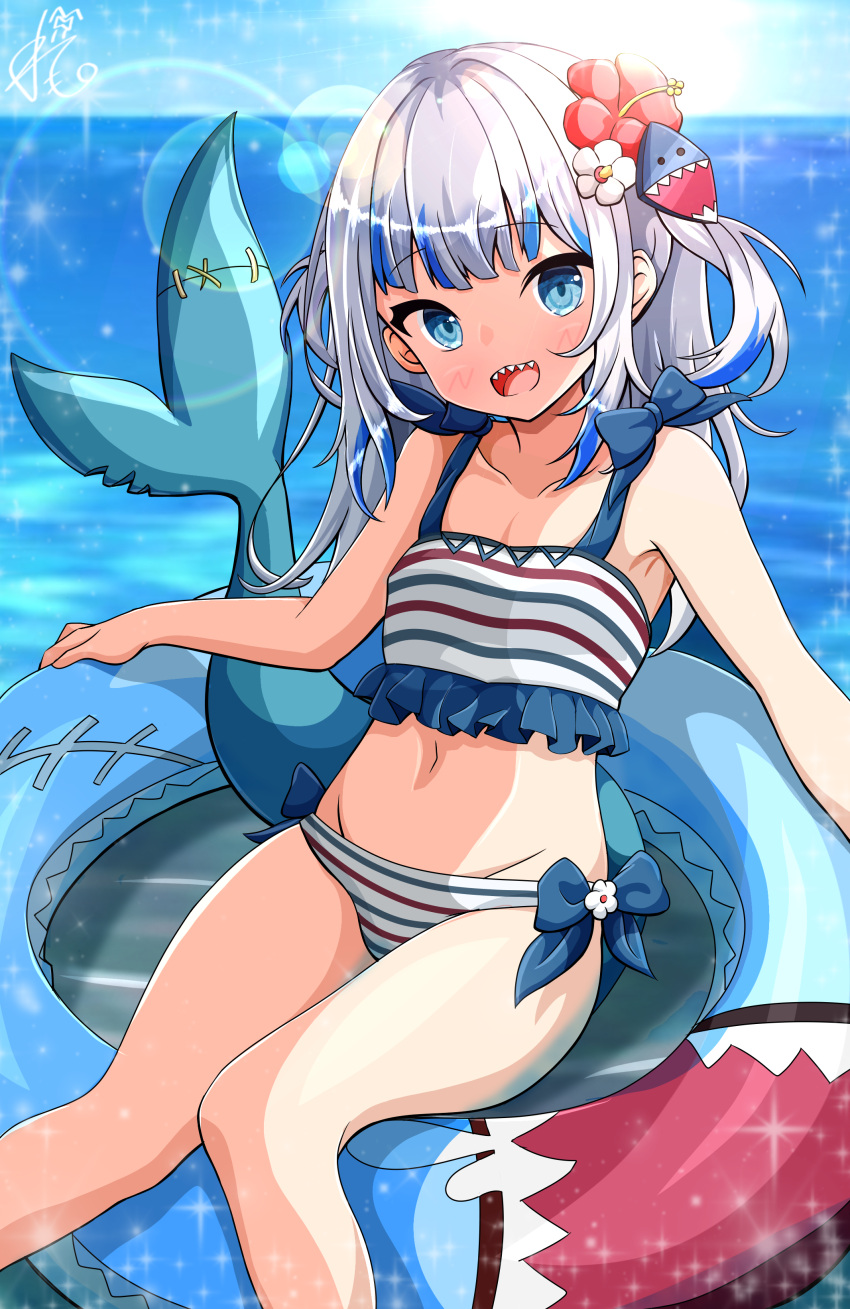 1girl absurdres bare_arms bare_legs blue_eyes blue_sky bow bow_bra bow_panties bra collarbone fins fish_tail flower frilled_bra frills gawr_gura hair_flower hair_ornament highres hololive hololive_english horizontal-striped_bikini inflatable_shark inflatable_toy lens_flare light_blush long_hair looking_at_viewer multicolored_hair navel ocean on_innertube outdoors panties remone shark_hair_ornament shark_tail sharp_teeth signature sky solo sparkle stitched_tail streaked_hair striped_bra striped_clothes striped_panties swimsuit tail teeth two-tone_hair underwear virtual_youtuber white_hair