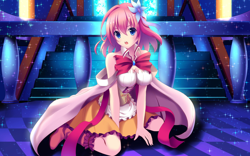 :o apron bare_arms blue_eyes bow bowtie breasts brooch checkered checkered_floor cleavage d: detached_collar full_body highres jewelry korotan large_breasts no_game_no_life open_mouth pink_hair railing red_bow red_neckwear round_teeth sitting sparkle stairs stephanie_dora teeth waist_apron wariza