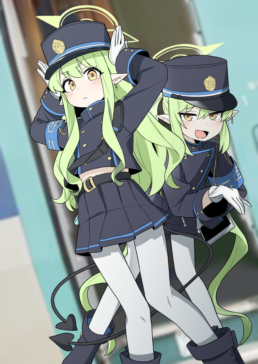 2girls absurdres armband black_footwear black_hat black_jacket black_shorts black_skirt blue_archive blue_armband blurry blurry_background blush boots closed_mouth demon_tail earrings ggaebchun gloves green_hair halo hat highres hikari_(blue_archive) jacket jewelry long_hair long_sleeves looking_at_viewer multiple_girls nozomi_(blue_archive) open_mouth pantyhose pleated_skirt pointy_ears shorts sidelocks single_earring skirt tablet_pc tail twintails very_long_hair white_gloves white_pantyhose yellow_eyes