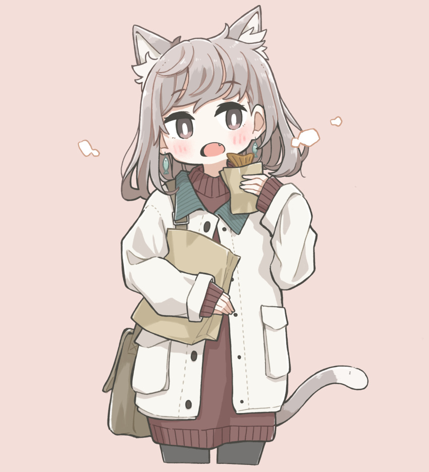 1girl animal_ears black_pantyhose blush brown_eyes brown_hair cat_ears cat_girl cat_tail coat dangle_earrings earrings east_sha2 fang fish_earrings highres jewelry long_sleeves looking_at_viewer medium_hair open_mouth original pantyhose solo tail white_coat