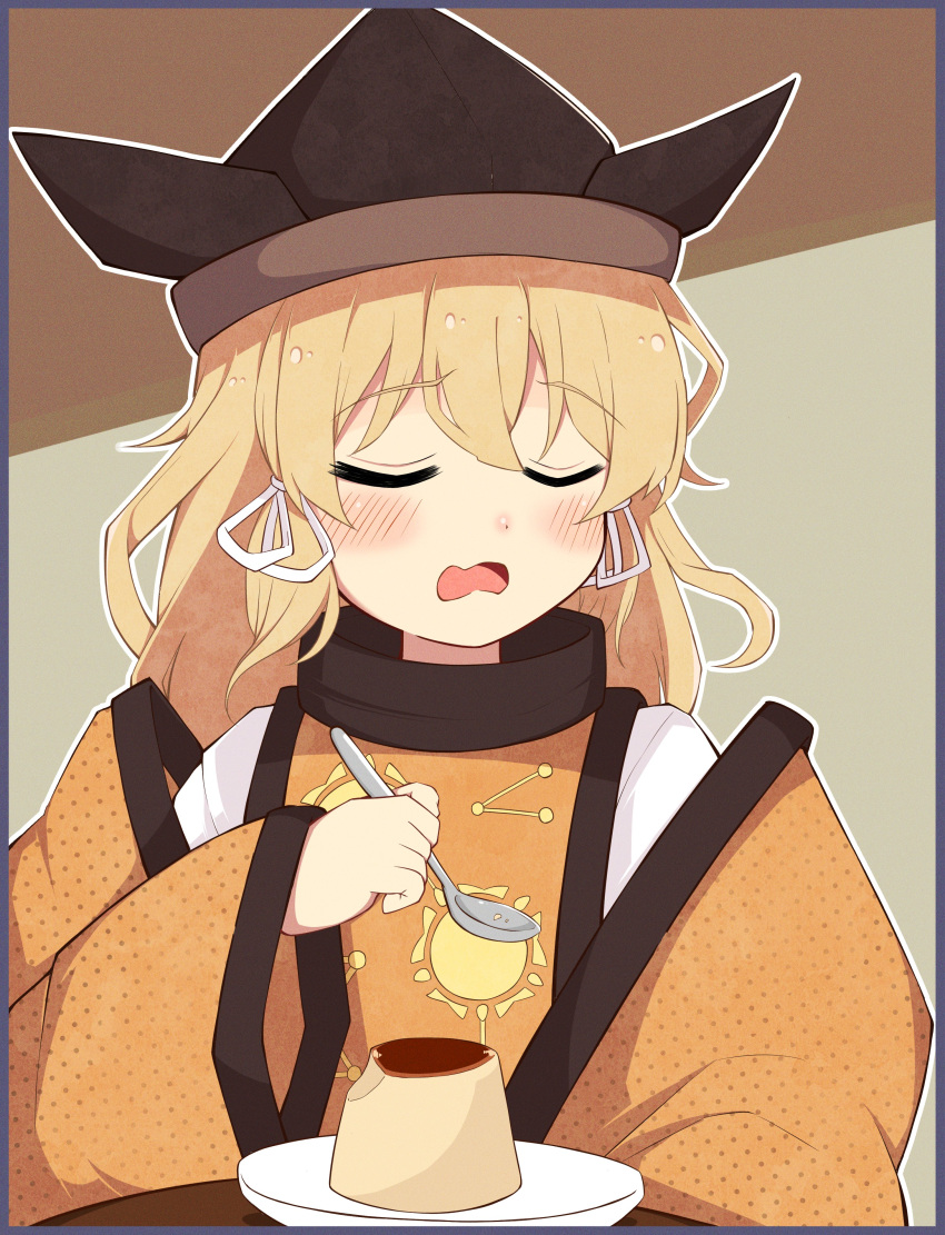 1girl absurdres black_hat blonde_hair blush brown_hat closed_eyes commentary_request food hat highres holding holding_spoon iyo_mamoru long_hair long_sleeves matara_okina open_mouth orange_sleeves orange_tabard plate pointy_hat pudding ribbon shirt solo spoon sun_print tabard table touhou undershirt white_ribbon white_shirt wide_sleeves